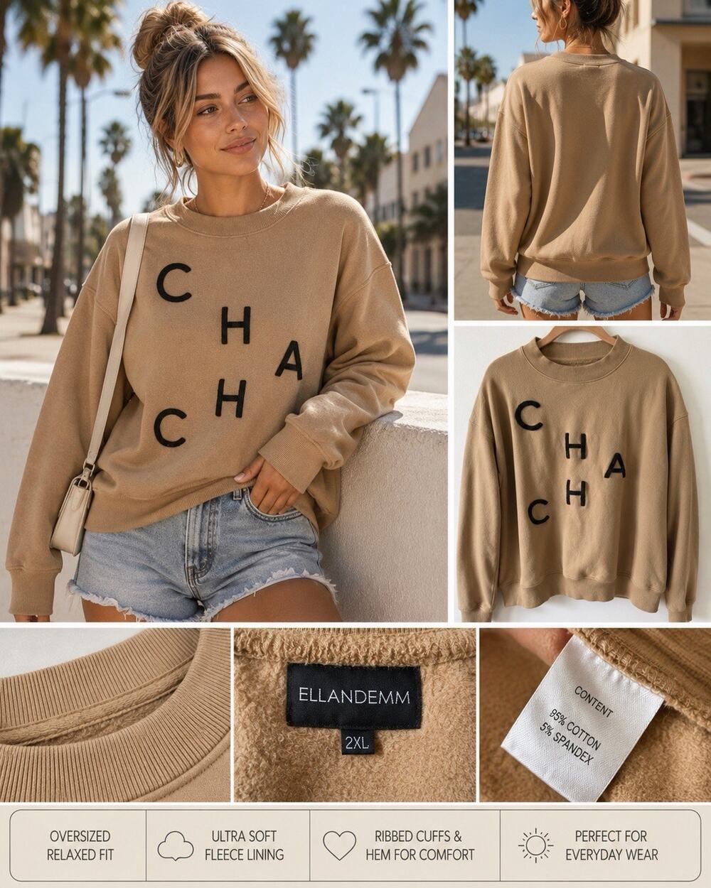 ELLANDEMM Tan Graphic Cha Cha Long Sleeve Sweatshirt Sz 2xl